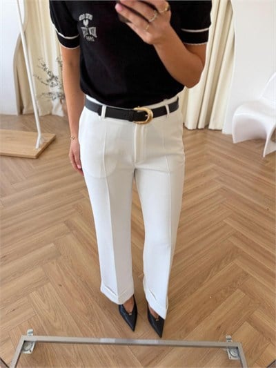 Kemerli Duble Paça Pantolon - Beyaz