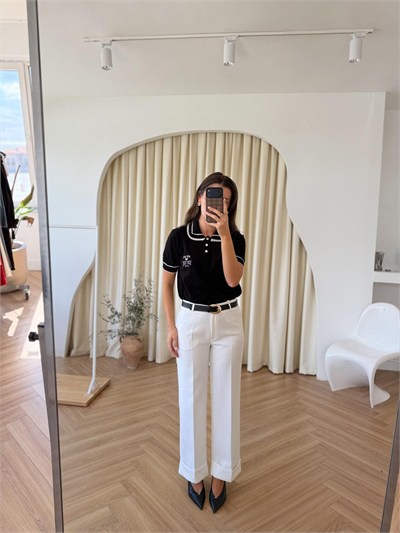 Kemerli Duble Paça Pantolon - Beyaz