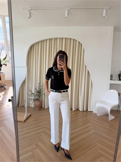 Kemerli Duble Paça Pantolon - Beyaz