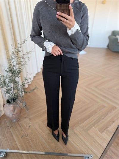 Kemerli Duble Paça Pantolon - Siyah