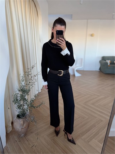 Kemerli Duble Paça Pantolon - Siyah