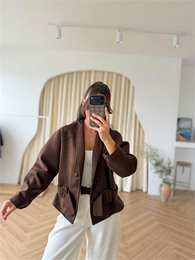 Kemerli Kahverengi Süet Ceket