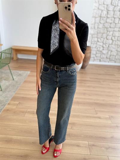 Kemerli Kesik Paça Mavi - Tint Jean Pantolon