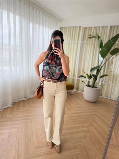 Kemerli Kesik Paça Krem Rengi Jean