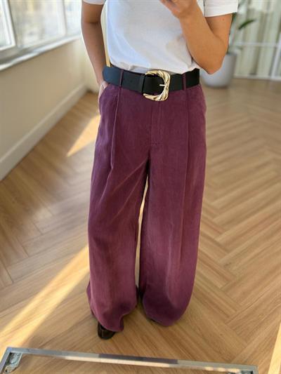 Kemerli Mürdüm Tensel Kumaş Pantolon