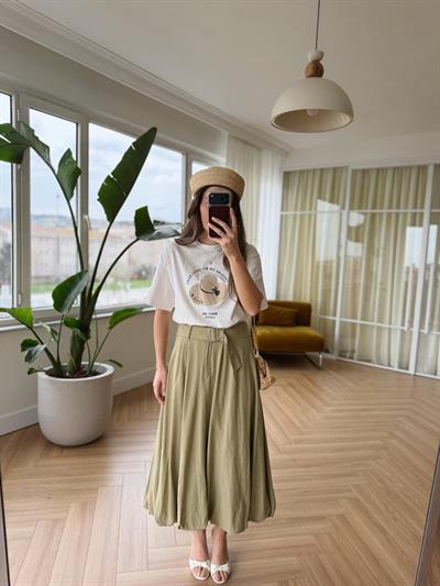 Kemerli Olive Midi Balon Etek