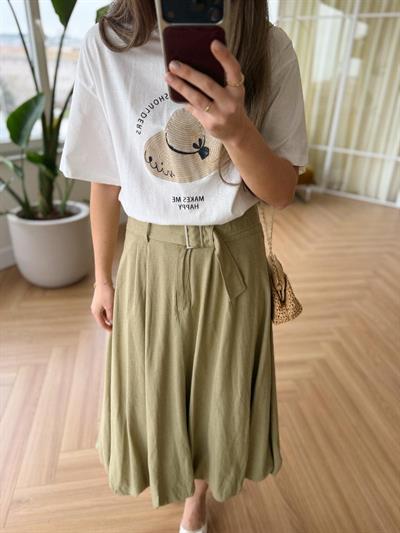 Kemerli Olive Midi Balon Etek