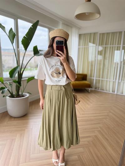 Kemerli Olive Midi Balon Etek