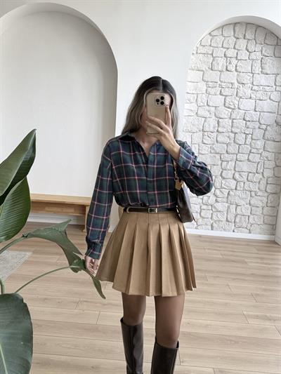 Kemerli Pileli Camel Süet Etek