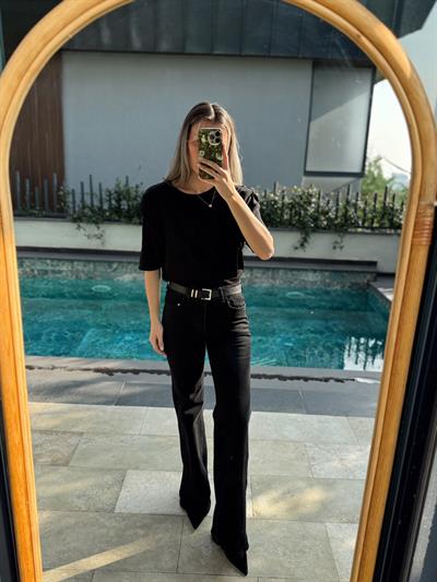 Kemerli Siyah İspanyol Kesim Jean