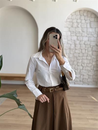 Kemerli Tensel Kumaş Taba Pileli Etek