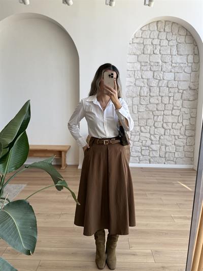Kemerli Tensel Kumaş Taba Pileli Etek