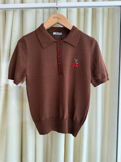 Kirazlı Pul İşlemeli Kahverengi Triko