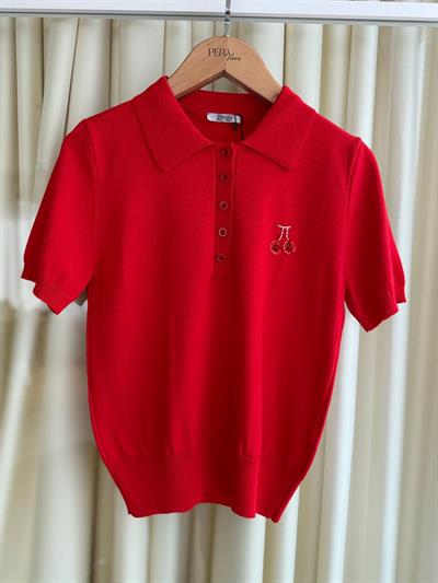 Kirazlı Pul İşlemeli Kırmızı Triko