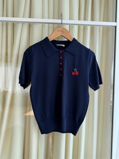 Kirazlı Pul İşlemeli Lacivert Triko