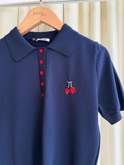 Kirazlı Pul İşlemeli Lacivert Triko