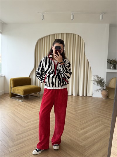 Kırmızı Biyeli Zebra Desen Polar