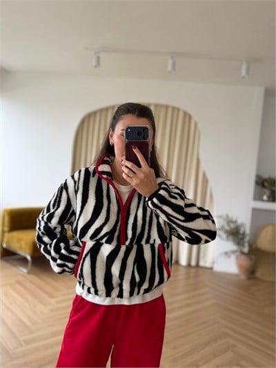 Kırmızı Biyeli Zebra Desen Polar