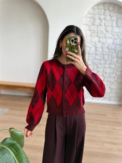 Kırmızı-Bordo Baklava Desen Hırka