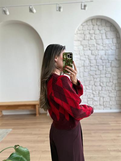 Kırmızı-Bordo Baklava Desen Hırka