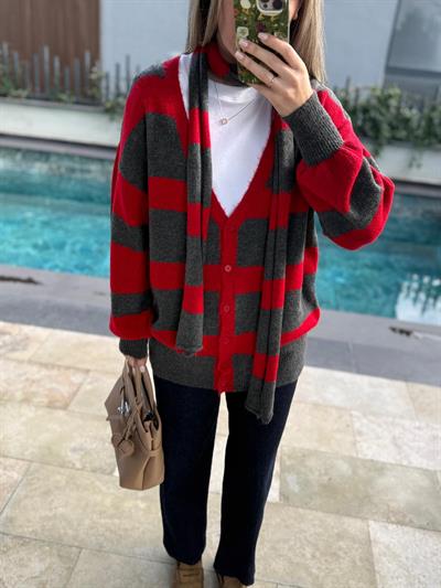 Kırmızı Çizgili Atkılı Hırka