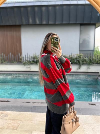 Kırmızı Çizgili Atkılı Hırka