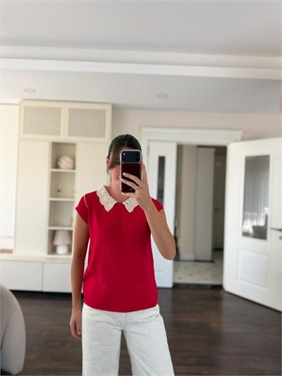 Kırmızı Güpürlü Polo Yaka Triko