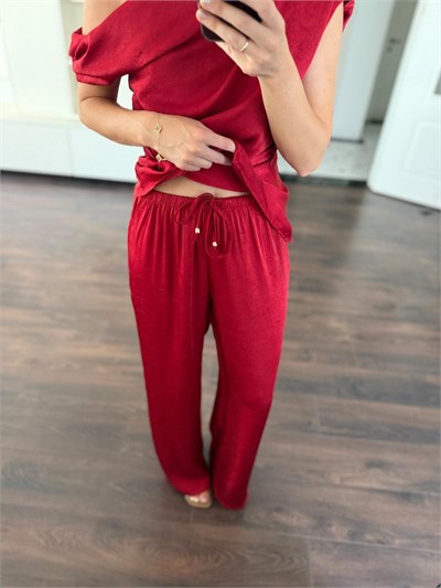 Beli Bağcıklı Kırmızı Jakarlı Saten Pantolon