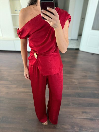 Beli Bağcıklı Kırmızı Jakarlı Saten Pantolon