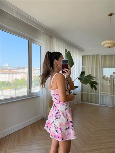 Biyeli Floral Desen Mini Elbise 