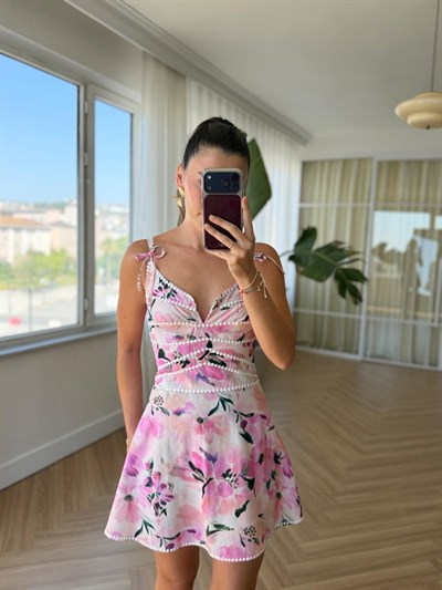 Biyeli Floral Desen Mini Elbise 
