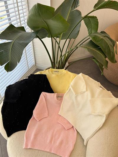 Kısa Kollu Parıltılı Ekru Triko Kazak