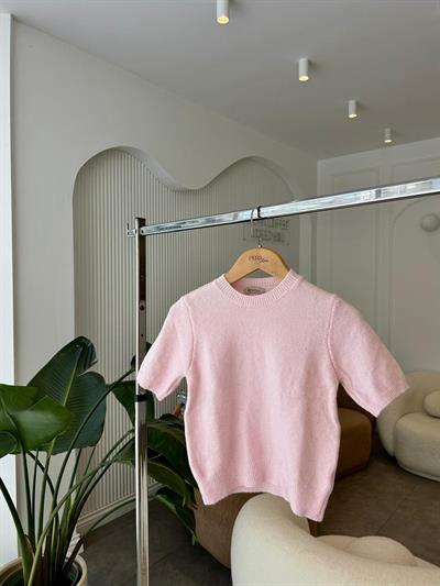 Kısa Kollu Parıltılı Pembe Triko Kazak