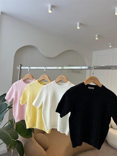 Kısa Kollu Parıltılı Sarı Triko Kazak