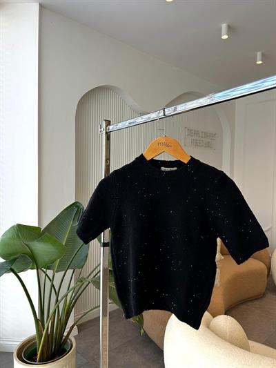 Kısa Kollu Parıltılı Siyah Triko Kazak