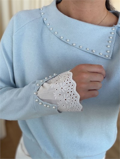 Kol Uçları Fisto Detaylı Yakası İncili Triko-Bebe Mavi