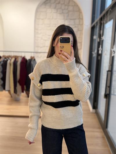 Kolları Gold Düğmeli Çizgili Bej Triko