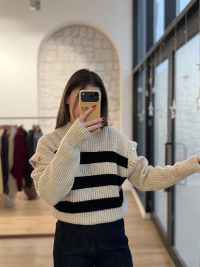 Kolları Gold Düğmeli Çizgili Bej Triko