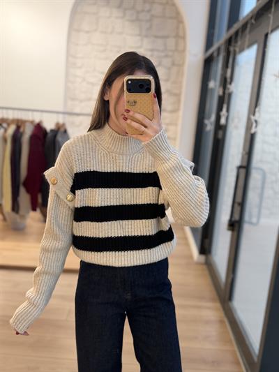 Kolları Gold Düğmeli Çizgili Bej Triko