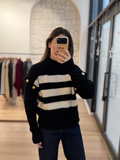 Kolları Gold Düğmeli Çizgili Siyah Triko