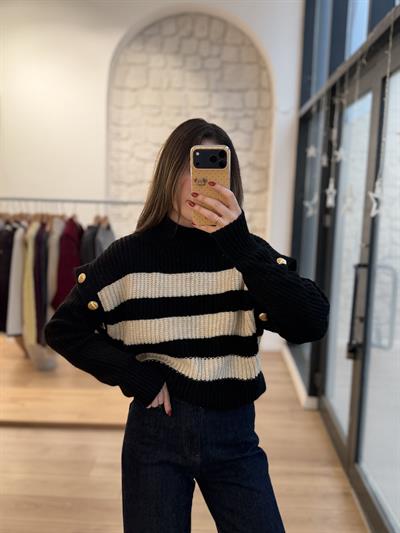 Kolları Gold Düğmeli Çizgili Siyah Triko