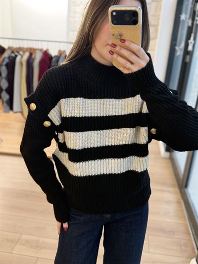 Kolları Gold Düğmeli Çizgili Siyah Triko