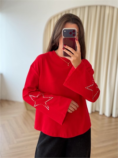 Kolları Yıldız Zımba Detaylı Kırmızı Sweat
