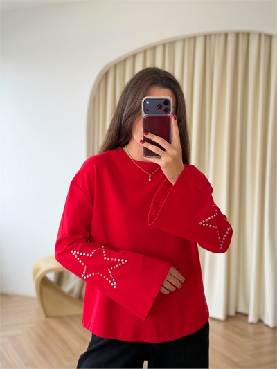 Kolları Yıldız Zımba Detaylı Kırmızı Sweat
