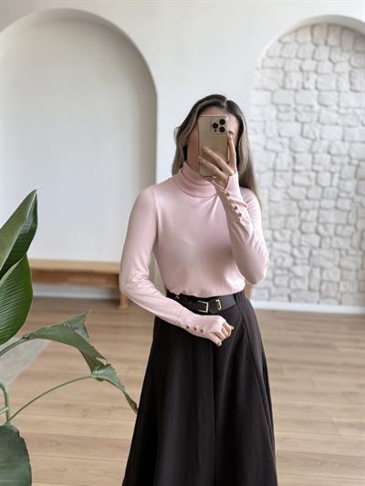 Kolu Düğme Detaylı Pembe Triko