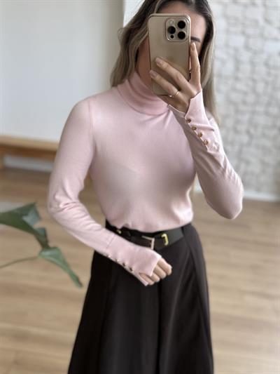 Kolu Düğme Detaylı Pembe Triko