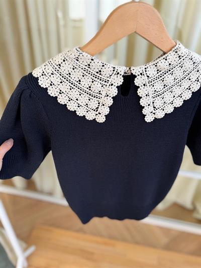 Kroşe Yakalı Lacivert Kısa Kollu Triko