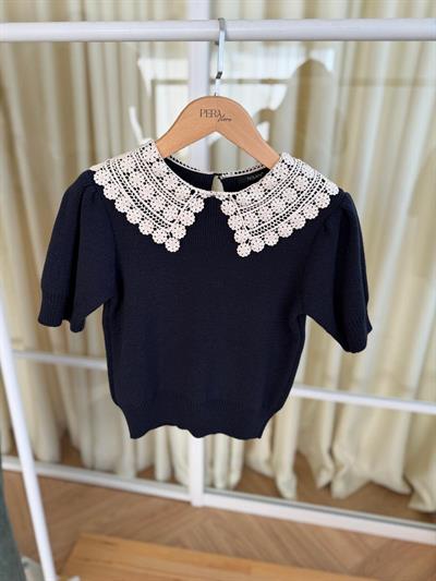 Kroşe Yakalı Lacivert Kısa Kollu Triko