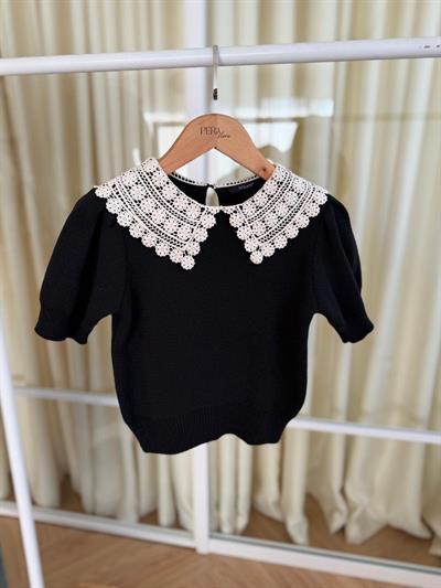 Kroşe Yakalı Siyah Kısa Kollu Triko
