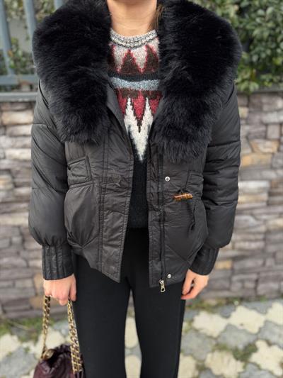 Kürk Yakalı Siyah Şişme Mont